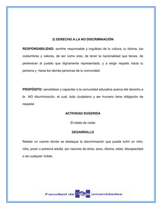 2) DERECHO A LA NO DISCRIMINACIÓN
RESPONSABILIDAD: sentirte responsable y orgulloso de tu cultura, tu idioma, tus
costumbres y valores, de ser como eres, de tener la nacionalidad que tienes, de
pertenecer al pueblo que dignamente representada, y a exigir respeto hacia tu
persona y hacia los demás personas de tu comunidad.
PROPÓSITO: sensibilizar y capacitar a la comunidad educativa acerca del derecho a
la NO discriminación, el cual, todo ciudadano y ser humano tiene obligación de
respetar.
ACTIVIDAD SUGERIDA
El relato de rosita
DESARROLLO
Relatar un cuento donde se destaque la discriminación que puede sufrir un niño,
niña, joven o persona adulta, por razones de etnia, sexo, idioma, edad, discapacidad
o de cualquier índole.
 