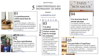 CARACTÉRISTIQUES QUI
DISTINGUENT LES DNVB5
DÉCRYPTAGE
01
Un positionnement
relativement haut de
gamme
Ce sont des marques « smart cost »,
grâce à la réduction d’intermédiaires,
elles arrivent à proposer des produits
de bonne qualité à prix abordables.
Un exemple ici.
02
Une forte spécialisation
Les DNVB commencent en général
par une approche mono-produit pour
élargir ensuite leur offre une fois le
client acquis.
Un exemple ici.
03
Une place
prépondérante des
réseaux sociaux
dans la stratégie
de croissance
Les DNVB se distinguent
par leur très habile
manipulation des réseaux
sociaux. Instagram est
souvent leur source
numéro 1 d’acquisition.
C’est même plus élevé
que le trafic généré par
Google.
Un exemple ici ou là.
04
Une incursion dans le
monde physique
Ces marques utilisent les canaux
existants de façon moderne via leurs
propres magasins, des pop-up stores,
des corners dans d’autres magasins
soigneusement sélectionnés, des
appartements/showrooms.
Un exemple ici ou là.
05
Une part belle à l’expérience
Les DNVB redéfinissent le concept de magasin,
des services différenciant : retouche, cordonnerie,
pressing, librairie, café offert, … L’accent est mis
sur la qualité du moment passé en boutique !
Un exemple ici.
 