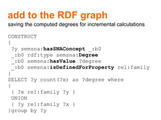 add to the RDF graph saving the computed degrees for incremental calculations CONSTRUCT { ?y semsna: hasSNAConcept  _:b0 _:b0 rdf:type semsna: Degree _:b0 semsna: hasValue  ?degree  _:b0 semsna: isDefinedForProperty  rel:family } SELECT ?y count(?x) as ?degree where { { ?x rel:family ?y } UNION { ?y rel:family ?x } }group by ?y 