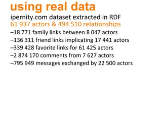 using real data ipernity.com dataset extracted in RDF 61 937 actors & 494 510 relationships 18 771 family links between 8 047 actors 136 311 friend links implicating 17 441 actors  339 428 favorite links for 61 425 actors 2 874 170 comments from 7 627 actors 795 949 messages exchanged by 22 500 actors 