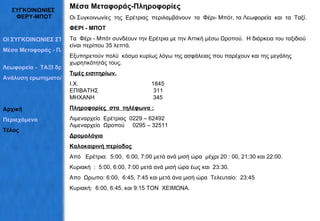 ΣΥΓΚΟΙΝΩΝΙΕΣ  ΦΕΡΥ-ΜΠΟΤ Μέσα Μεταφοράς-Πληροφορίες Οι Συγκοινωνίες  της  Ερέτριας  περιλαμβάνουν  τα  Φέρι- Μπότ, τα Λεωφορ ε ία  και  τα  Ταξί.  ΦΕΡΙ - ΜΠΟΤ Τα  Φέρι - Μπότ  συνδέουν την Ερέτρια με την Αττική μέσω Ωροπού.  Η διάρκεια του ταξιδιού είναι περίπου 35 λεπτά. Εξυπηρετούν πολύ  κόσμο  κυρίως λόγω της ασφάλειας που παρέχουν και της μεγάλης χωρητικότητάς τους . Τιμές εισιτηρίων. Ι.Χ.  1845 ΕΠΙΒΑΤΗΣ  311 ΜΗΧΑΝΗ  345 Πληροφορίες  στα  τηλέφωνα : Λιμεναρχείο  Ερέτριας  0229 – 62492 Λιμεναρχείο  Ωροπού  0295 – 32511 Δρομολόγια Καλοκαιρινή περίοδος Από  Ερέτρια:  5:00,  6:00 , 7:00 μετά ανά μισή ώρα   μέχρι  20  : 00 , 21:30 και 22:00. Κυριακή  :  5:00, 6:00,  7:00 μετά ανά μισή ώρα έως και  23: 3 0. Aπο  Ωρωπο: 6:00,  6:45,  7:45 και μετά άνα μισή ώρα  Τελευταίο:  23:45 Κυριακή:  6:00, 6:45, και 9:15 ΤΟΝ  ΧΕΙΜ Ω ΝΑ. ΟΙ ΣΥΓΚΟΙΝΩΝΙΕΣ ΣΤΗΝ ΕΡΕΤΡΙΑ Μέσα Μεταφοράς - Πληροφορίες   Λεωφορεία -  ΤΑΞΙ δρομολόγια Ανάλυση ερωτηματολογίων Αρχική Περιεχόμενα Τέλος 