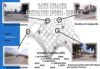 Είσοδος από Χαλκίδα Διασταύρωση Φιλοσόφου Μενεδήμου και Αρχαίου Θεάτρου Διασταύρωση Μουσείου Είσοδος από Αμάρυνθο 1 2 3 4 ΧΡΗΣΙΜΑ ΤΗΛΕΦΩΝΑ (0229) 1. ΑΣΤΥΝΟΜΙΑ  64888  2. ΑΓΡΟΤΙΚΟ ΙΑΤΡΕΙΟ  62222  3. ΔΗΜΑΡΧΕΙΟ  62207  4. ΛΙΜΕΝΑΡΧΕΙΟ  62201  4. ΦΕΡΥ ΜΠΟΤ  62492  5. ΜΟΥΣΕΙΟ  62206  ΟΔΙΚΗ ΑΣΦΑΛΕΙΑ ΕΠΙΚΙΝΔΥΝΟΙ ΔΡΟΜΟΙ - ΣΗΜΕΙΑ 5 Αρχική Περιεχόμενα Τέλος 