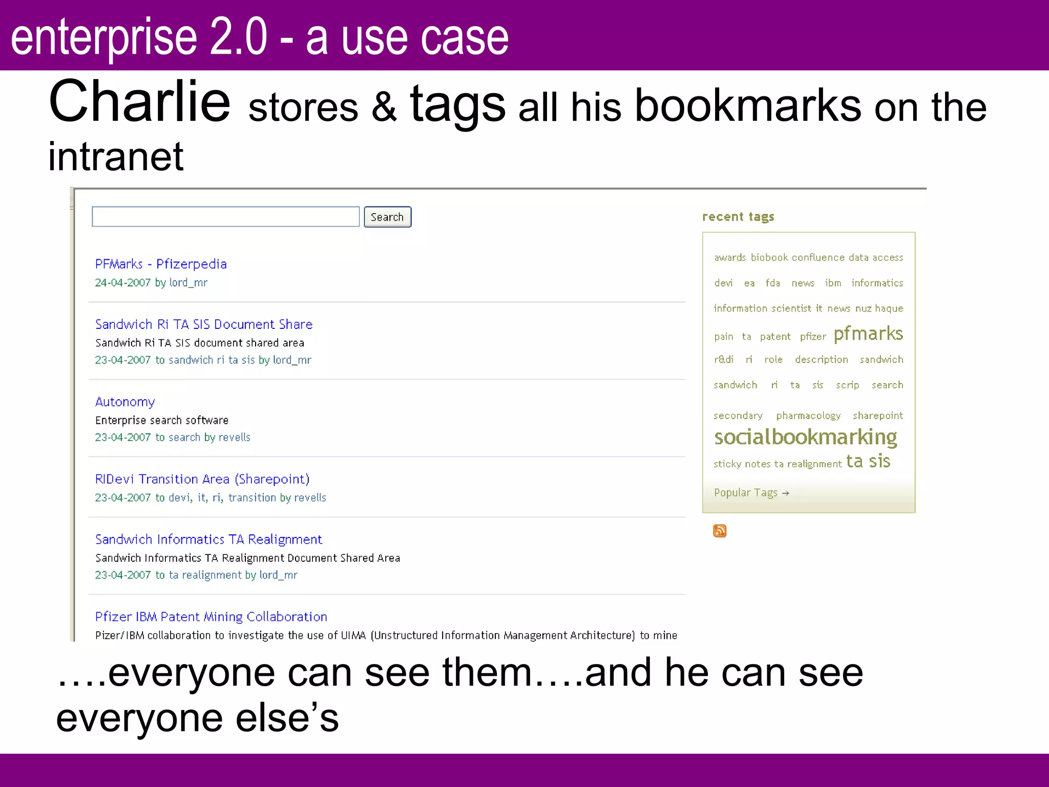 Charlie  stores &  tags  all his  bookmarks  on the intranet … .everyone can see them….and he can see everyone else’s enterprise 2.0 - a use case 
