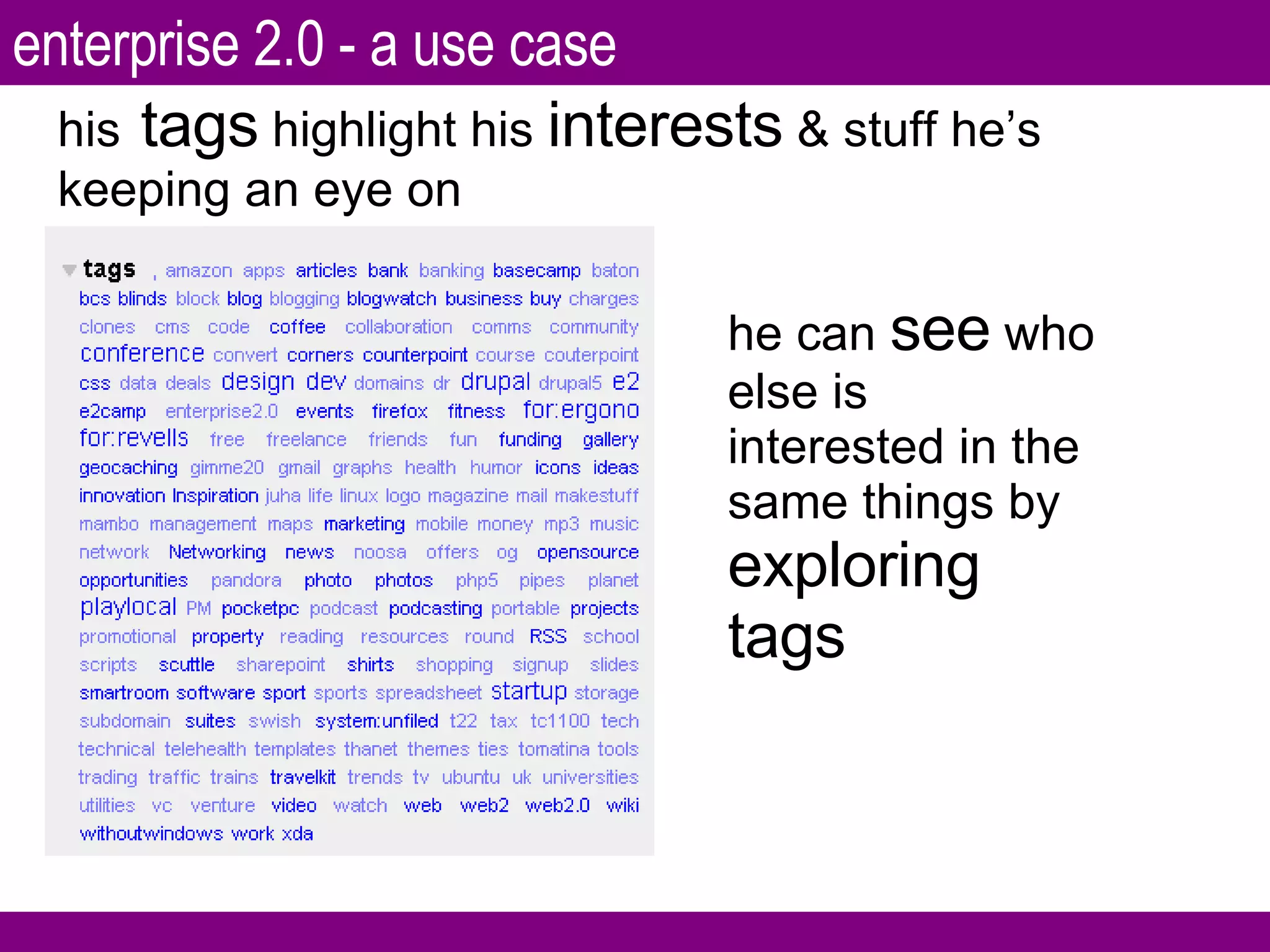 his   tags  highlight his  interests  & stuff he’s keeping an eye on he can  see  who else is interested in the same things by  exploring   tags enterprise 2.0 - a use case 