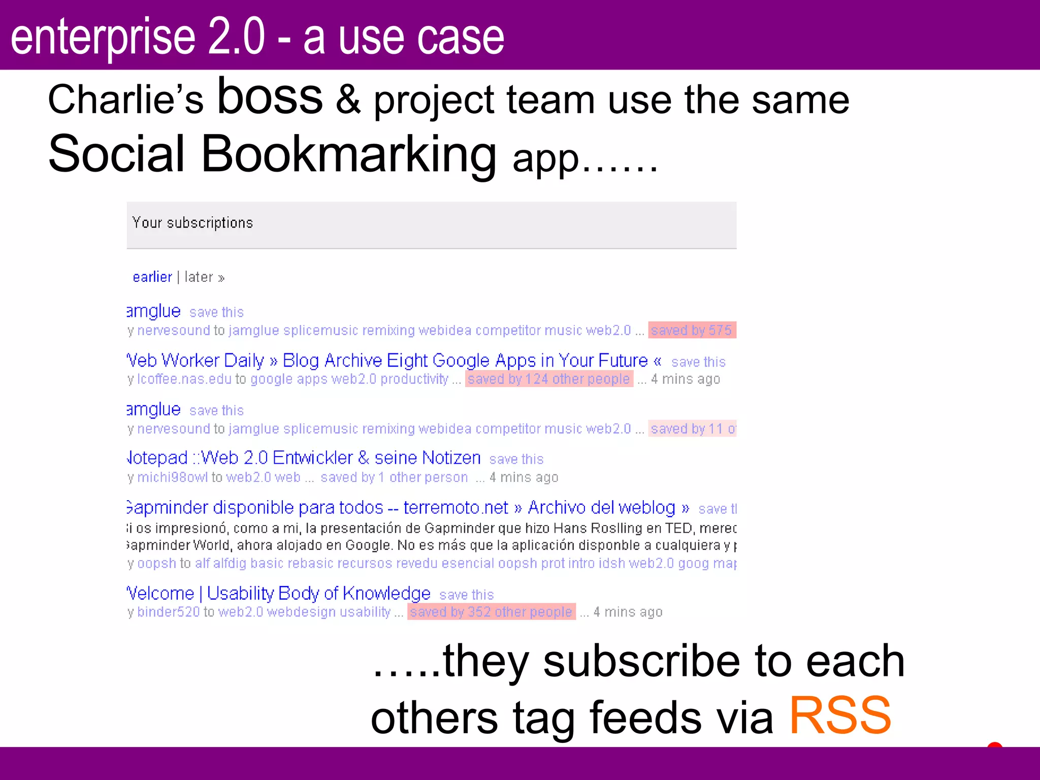 Charlie’s  boss  & project team use the same  Social Bookmarking  app…… … ..they subscribe to each others tag feeds via  RSS enterprise 2.0 - a use case 