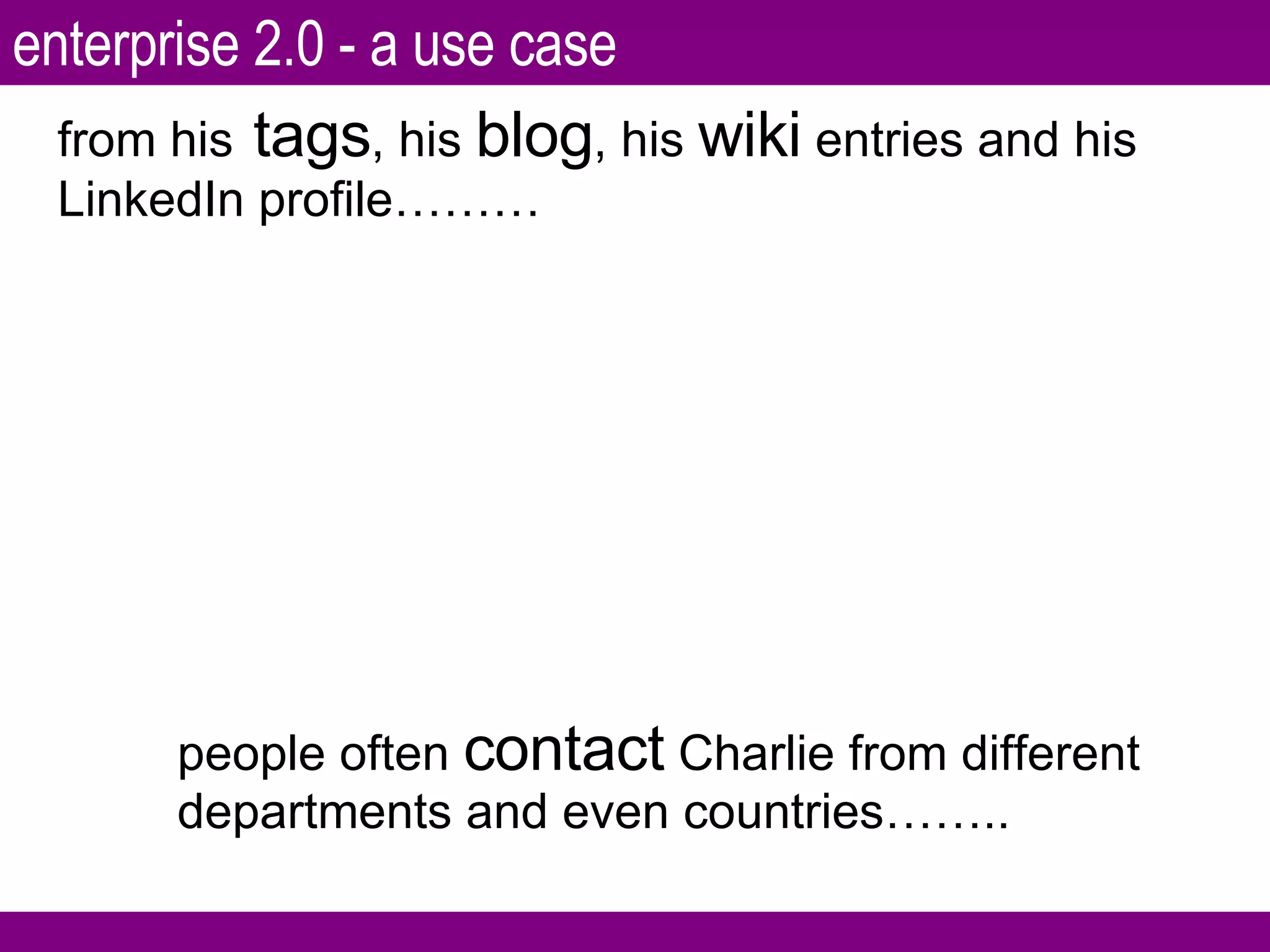 from his   tags , his  blog , his  wiki  entries and his LinkedIn profile……… people often  contact  Charlie from different departments and even countries…….. enterprise 2.0 - a use case 