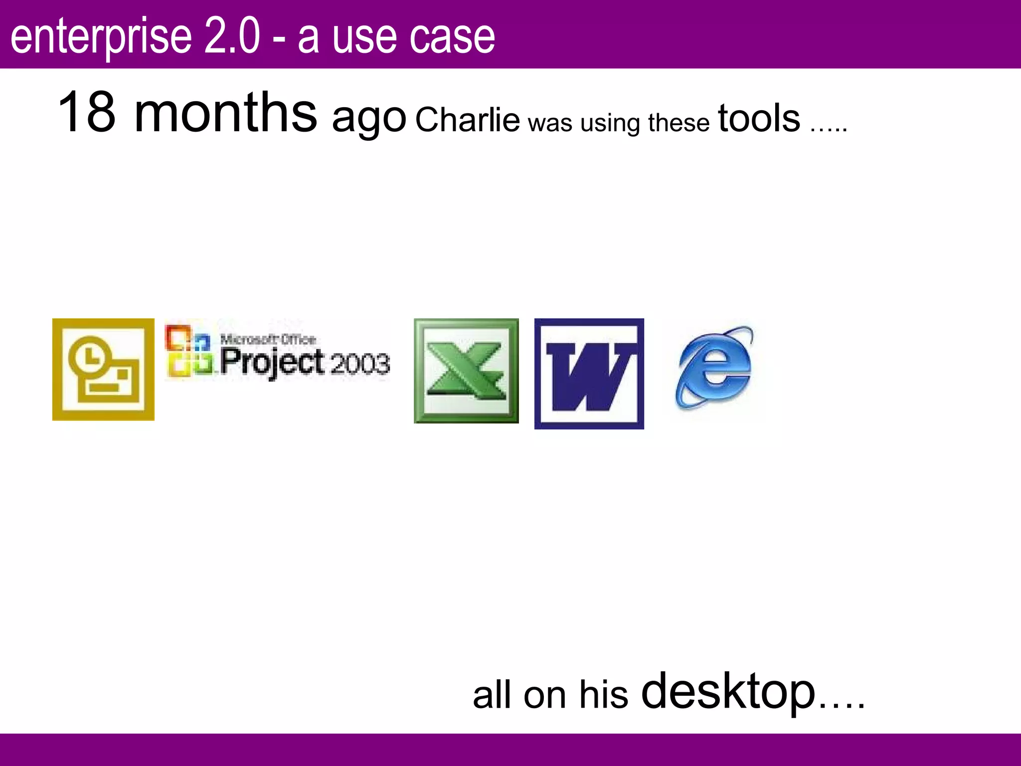 18 months  ago   Charlie  was using these  tools  ….. all on his  desktop …. enterprise 2.0 - a use case 