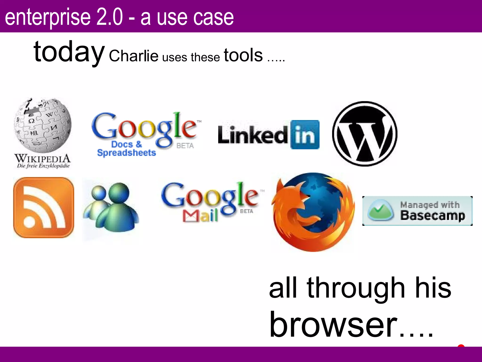 today   Charlie  uses these  tools  ….. all through his  browser …. enterprise 2.0 - a use case 