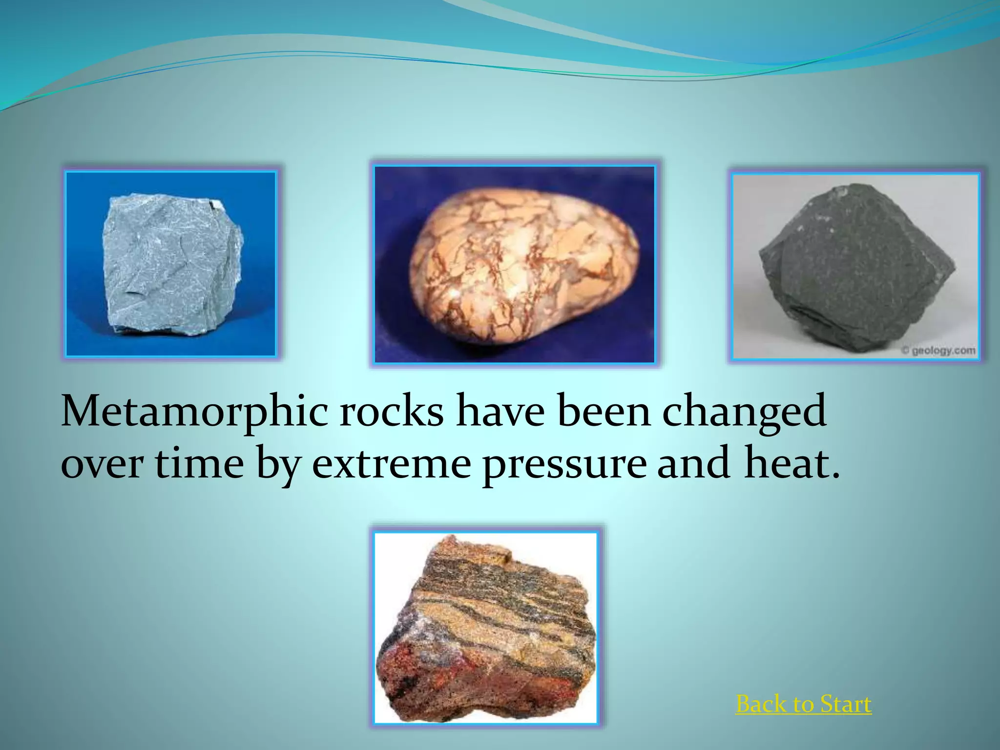 Metamorphic rocks have been changed
over time by extreme pressure and heat.
Back to Start
 