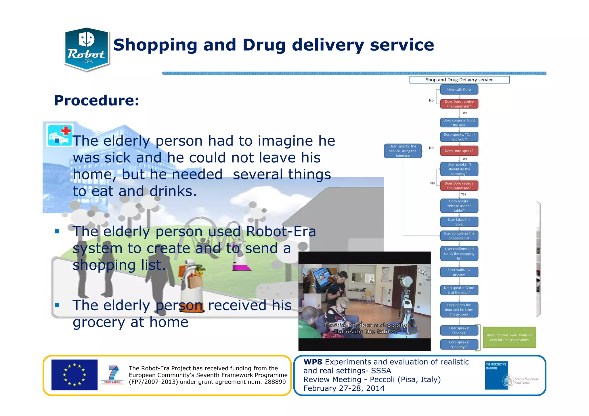 Procedure:
The elderly person had to imagine he
was sick and he could not leave his
home, but he needed several things
to eat and drinks.
Shopping and Drug delivery service
The Robot-Era Project has received funding from the
European Community's Seventh Framework Programme
(FP7/2007-2013) under grant agreement num. 288899
WP8 Experiments and evaluation of realistic
and real settings- SSSA
Review Meeting - Peccoli (Pisa, Italy)
February 27-28, 2014
The elderly person used Robot-Era
system to create and to send a
shopping list.
The elderly person received his
grocery at home
 