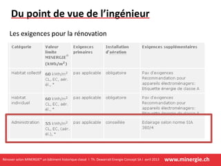 www.minergie.chRénover selon MINERGIE® un bâtiment historique classé I Th. DewarratI Energie Concept SA I avril 2013
Du point de vue de l’ingénieur
Les exigences pour la rénovation
 