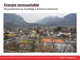 www.minergie.chRénover selon MINERGIE® un bâtiment historique classé I Th. DewarratI Energie Concept SA I avril 2013
Energie renouvelable
Raccordement au chauffage à distance communal
centrale
raccordements
 