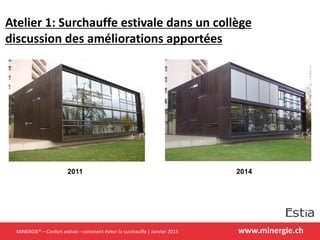 www.minergie.ch
Atelier 1: Surchauffe estivale dans un collège
discussion des améliorations apportées
2011 2014
MINERGIE® – Confort estival – comment éviter la surchauffe | Janvier 2015
 