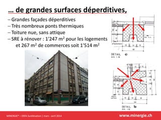 MINERGIE® – ERFA Surélévation | mars - avril 2014 www.minergie.ch
… de grandes surfaces déperditives,
 Grandes façades déperditives
 Très nombreux ponts thermiques
 Toiture nue, sans attique
 SRE à rénover : 1'247 m2 pour les logements
et 267 m2 de commerces soit 1'514 m2
 