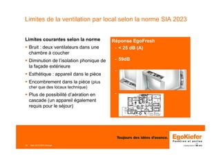 Mars 2015 ERFA Minergie12
Limites de la ventilation par local selon la norme SIA 2023
Limites courantes selon la norme
Bruit : deux ventilateurs dans une
chambre à coucher
Diminution de l’isolation phonique de
la façade extérieure
Esthétique : appareil dans le pièce
Encombrement dans la pièce (plus
cher que des locaux technique)
Plus de possibilité d’aération en
cascade (un appareil également
requis pour le séjour)
- < 25 dB (A)
- 59dB
-
-
Réponse EgoFresh
 