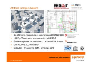 15
Aletsch Campus Naters
Mars 2015 ERFA Minergie
Six bâtiments résidentiels et commerciaux(SHON 25’000) m2)
199 Ego®Fresh selon une conception MINERGIE
Etude du système de ventilation : Lauber IWISA, Naters
MO: AXA Vie AG, Winterthur
Exécution : fin automne 2014 / printemps 2015
 