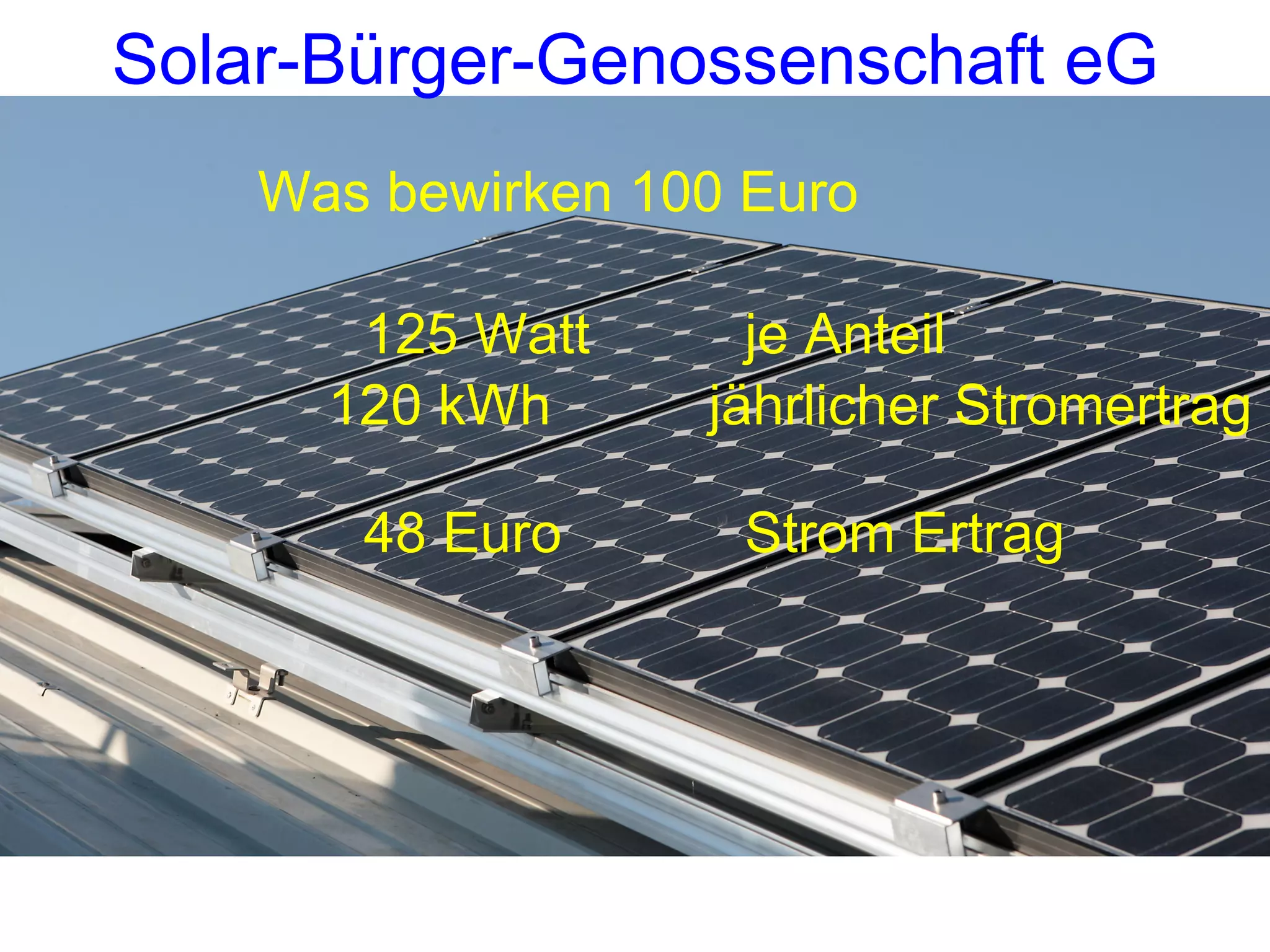 Was bewirken 100 Euro 125 Watt   je Anteil 120 kWh  jährlicher Stromertrag 48 Euro Strom Ertrag Solar-Bürger-Genossenschaft eG 