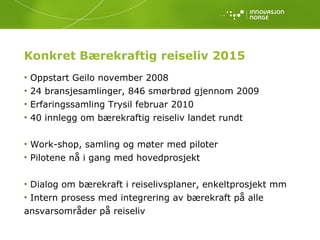 Konkret Bærekraftig reiseliv 2015 Oppstart Geilo november 2008 24 bransjesamlinger, 846 smørbrød gjennom 2009 Erfaringssamling Trysil februar 2010  40 innlegg om bærekraftig reiseliv landet rundt Work-shop, samling og møter med piloter Pilotene nå i gang med hovedprosjekt Dialog om bærekraft i reiselivsplaner, enkeltprosjekt mm Intern prosess med integrering av bærekraft på alle ansvarsområder på reiseliv 