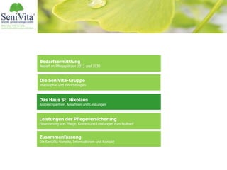 Bedarfsermittlung
Bedarf an Pflegeplätzen 2013 und 2030
Das Haus St. Nikolaus
Ansprechpartner, Ansichten und Leistungen
Leistungen der Pflegeversicherung
Finanzierung von Pflege, Kosten und Leistungen zum Nulltarif
Zusammenfassung
Die SeniVita-Vorteile, Informationen und Kontakt
Die SeniVita-Gruppe
Philosophie und Einrichtungen
 