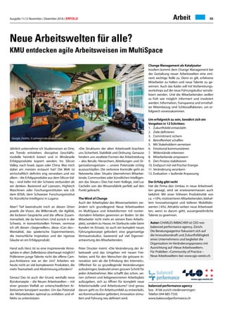 Ausgabe 11/12 November / Dezember 2018 / ERFOLG 55
Neue Arbeitswelten für alle?
KMU entdecken agile Arbeitsweisen im MultiSpace
Jährlich unternehme ich Studienreisen an Orte,
wo Trends entstehen, disruptive Geschäfts-
modelle heimlich kreiert und in Windeseile
Erfolgsprodukte kopiert werden: Ins Silicon
Valley, nach Israel, Japan oder China. Was mich
dabei am meisten erstaunt hat? Die Welt ist
wirtschaftlich definitiv eng verwoben und vor
allem – die Erfolgsprodukte aus dem Silicon Val-
ley – sind tiefer mit der Schweiz verbunden als
wir denken. Basierend auf Lizenzen, Hightech
Maschinen oder Foschungsinstituten wie z.B.
dem IDSIA, dem Schweizer Forschungsinstitut
für Künstliche Intelligenz in Lugano.
Aber? Tief beeindruckt mich an diesen Orten
jeweils die Vision, die Willenskraft, die Agilität,
die lockeren Gespräche und die offene Zusam-
menarbeit, die da herrschen. Und zurück in der
Schweiz, in konventionellen Firmen, vermisse
ich oft diesen «Siegerwillen», diese «Can do»--
Mentalität, das spielerische Experimentieren,
die menschliche Inspiration und der rigorose
Glaube an ein Erfolgsprodukt.
Hand aufs Herz: Ist so eine inspirierende Atmo-
sphäre in alten Zellenbüros überhaupt möglich?
Präferieren junge Talente nicht die offene Cam-
pus-Ambiance wie an der Uni? Arbeiten wir
heute nicht an viel komplexeren Produkten, die
mehr Teamarbeit und Abstimmung erfordern?
Genau! Das ist auch der Grund, weshalb neue
Bürokonzepte – die Neuen Arbeitswelten – mit
einer grossen Vielfalt an unterschiedlichen Ar-
beitsorten konzipiert wurden. Um das Potenzial
der Mitarbeiteden optimal zu entfalten und ef-
fektiv zu unterstützen.
«Die Strukturen der alten Arbeitswelt brachten
uns Sicherheit, Stabilität und Ordnung. Genauso
hindern uns veraltete Formen der Arbeitsteilung
– also Berufe, Hierarchien, Abteilungen und Or-
ganisationsgrenzen –, unsere Potenziale richtig
auszuschöpfen. Die verlorene Kontrolle geht an
Netzwerke über. Situativ übernehmen Mitarbei-
tende, Communities oder künstlichen Intelligen-
zen das Steuer.» Dies hat mein Kollege, Joel Luc
Cachelin von der Wissensfabrik perfekt auf den
Punkt gebracht.
The Wind of Change
Auch der Arbeitsplatz des Wissensarbeiters ver-
ändert sich grundlegend: Neue Arbeitswelten
im MultiSpace und Arbeitsformen mit nonter-
ritorialem Arbeiten gewinnen an Boden. Ist der
Mitarbeiter nicht mehr an seinem fixen Arbeits-
platz, sondern zu Hause, im Starbucks oder beim
Kunden im Einsatz, ist auch ein komplett neues
Führungskonzept gefordert: eine gegenseitige
Vertrauenskultur, basierend auf viel Eigenver-
antwortung des Mitarbeitenden.
Peter Drucker meint: «Die Veränderung der Ar-
beitswelt und das Umgehen mit neuen Frei-
heiten, wird für den Menschen die grössere In-
novation sein als die Erfindung des Internets».
Offenheit für so grundlegende Veränderungen
aufzubringen, bedeutet einen grossen Schritt für
jeden Arbeitnehmer. Wer schafft das schon, sei-
nen sicheren und liebgewonnenen Arbeitsplatz
aufzugeben, sich zu öffnen für komplett neue
Arbeitsmodelle und Arbeitsräume? Und genau
darum geht es: Ein Arbeitsumfeld zu entwickeln,
wo Kommunikation gefördert, Innovation stimu-
liert und Führung neu definiert wird.
Change Management als Katalysator
Insofern kommt dem Change Management bei
der Gestaltung neuer Arbeitswelten eine emi-
nent wichtige Rolle zu. Denn es gilt, erfahrene
Mitarbeiter zu halten und neue Talente zu ge-
winnen. Auch das Kader soll mit Vorbereitungs-
workshops auf die neue Führungskultur sensibi-
lisiert werden. Und die Mitarbeitenden wollen
so früh wie möglich informiert und involviert
werden. Information, Transparenz und ernsthaf-
ter Miteinbezug sind Schlüsselfaktoren, um er-
folgreich voranzukommen.
Um erfolgreich zu sein, bewährt sich ein
Vorgehen in 12 Schritten:
1. 		Zukunftsbild entwickeln
2. 		Ziele definieren 
3. 		Commitment sichern
4. 		Betroffenheit schaffen 
5. 		Mit Stakeholdern vernetzen
6. 		Emotional kommunizieren
7. 		Widerstände erkennen 
8. 		Mitarbeitende empowern
9. 		Den Prozess stabilisieren
10. 	Endspurt mit viel frischer Energie
11. 	Veränderung verankern 
12. 	Evaluation + laufende Anpassung
Der Erfolg gibt recht
Hat die Firma den Umbau in neue Arbeitswel-
ten gewagt, wird sie erwiesenermassen auch
belohnt: Mit einer höheren Produktivität von
ca. +10%, motivierteren Mitarbeitenden, lebhaf-
tem Innovationsgeist und tieferen Mobilitäts-
werten (-6%). Attraktiv wirken neue Arbeitswel-
ten, wenn es darum geht, aussergewöhnliche
Talente zu gewinnen.
Google, Dublin, © camenzindevolution.com
balanced performance agency
box · 8166 zurich-niederweningen
Telefon 044 885 7550
www.balancedperformance.ch
Autor: CHARLES IMBACHER ist CEO von
balanced performance agency, Zürich.
Die Beratungsagentur fokussiert sich auf
die Innovationskraft und Zukunftsfähigkeit
eines Unternehmens und begleitet die
Organisation im Veränderungsprozess mit
Ausrichtung auf «Neue Arbeitswelten».
Für Praktiker: «Community of Practice –
Neue Arbeitswelten» bei: www.sgo-verein.ch
Arbeit
 