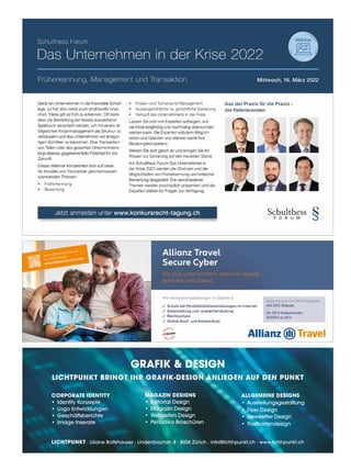 GRafik  Design
Lichtpunkt bringt ihr Grafik-Design Anliegen auf den Punkt
Corporate Identity
•	 Identity Konzepte
•	 Logo Entwicklungen
•	Geschäftsberichte
•	 Image Inserate
Magazin Designs
•	 Editorial Design
•	 Magazin Design
•	 Webseiten Design
•	 Periodika Broschüren
Allgemeine Designs
•	Ausstellungsgestaltung
•	 Flyer Design
•	 Newsletter Design
• Postkartendesign
· Liliane Boltshauser · Lindenbachstr. 8 · 8006 Zürich · info@licht-punkt.ch · www.licht-punkt.ch
 