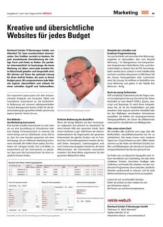Ausgabe 6/7 / Juni / Juli / August 2018 / ERFOLG 45
Reinhard Schuler IT-Beratungen GmbH, von
Altendorf SZ, baut wunderschöne Internet-
seiten. Der Grafiker versteht es bestens, für
jede anzubietende Dienstleistung die rich-
tige Form und Farbe zu finden. Ein perfek-
ter Internetauftritt ist heutzutage die beste
Werbung, vor allem, wenn jede einzelne Sei-
te blitzschnell geladen und dargestellt wird.
Wir können mit Ihnen die optimale Lösung
für Ihren Auftritt finden, die auch zu Ihrem
Budget passt. Wir programmieren jede Web-
site logisch, übersichtlich und schlank für
einen schnellen Zugriff und Seitenaufbau.
Das responsive Layout passt sich dem entspre-
chenden Endgerät, wie Computer, Tablet und
Smartphone automatisch an. Die kinderleich-
te Bedienung mit unserem selbstentwickelten
Content Management System (CMS) für die Be-
wirtschaftung des gesamten Inhalts spricht eine
eigene Sprache. Testen Sie uns.
Ihre Website –
das Marketing-Instrument
Eine korrekt erstellte Internetseite ist weit mehr
als nur eine Ausstellung im Schaufenster oder
eine farbige Firmenbroschüre im Internet, die
nichts bringt und nur Geld kostet. Unser Ziel ist
es, dass Sie neue Kunden gewinnen mit einer
Homepage, die ein effektives Marketing-Instru-
ment darstellt. Wir helfen Ihnen dabei, Ihre Pro-
dukte mit richtigem Inhalt, Text und Bilder, so
ansprechend auf der Internetseite zu platzie-
ren, dass auch die Suchmaschinen Sie ohne zu-
sätzliche Kosten finden.
Einfache Bedienung des Backoffice
Wenn die fertige Website auf dem Hostingser-
ver aufgesetzt und aktiviert ist, bearbeiten Sie
ohne fremde Hilfe den gesamten Inhalt. Nach
einem einfachen Login stellt Ihnen der Admini-
strationsbereich die Organisation der gesamten
Internetseite die gleiche Struktur wie im Fron-
tend dar. Im Einstellungsbereich werden die An-
zahl Seiten, Navigation, Unternavigation, evtl.
noch Unterunternavigation bestimmt, die beim
Häkchensetzen die Internetseite automatisch
erweitert. Auf diese Weise organisieren Sie den
gesamten Webauftritt selbst.
Kreative und übersichtliche
Websites für jedes Budget
Beispiele der schnellen und
kreativen Programmierung
Sie sind Architekt und wünschen IhreWohnungs-
angebote so darzustellen, dass zum Beispiel
Wohnung 1 im Obergeschoss mit entsprechen-
den Quadratmetern Wohnfläche, Preis und Infor-
mationsblatt zu diesem Part als PDF herunterge-
laden werden kann, einfach in einer Tabellenzeile
erscheint und beim Mouseover im Bild dieser Teil
des Hauses herausgehoben oder nummeriert
wird. Die Lösung: Sie eröffnen im Backoffice eine
neue Wohnung und geben in der Tabelle Ihre
Werte ein – fertig.
Noch ein wenig Technisches
PHP und MySQL-Datenbank sind dieTräger unse-
rer Grundprogrammierung. Das Gerüst der Seiten
beinhaltet je nach Bedarf HTML5, jQuery, Java-
script und Bootstrap. Es steht Ihnen beispiels-
weise frei, ob Sie bei Headerbildern auf jeder
einzelnen Seite separat zwischen Standbild oder
bei den Bildfolgen verschiedene Animationen
auswählen. Sie wählen von vorprogrammierten
Übergangseffekten, der Dauer des Bildwechsels
sowie das Ein-/Ausblenden von Bildlegenden.
Alles unter einem Dach
Wir erstellen alles Grafische vom Logo, über alle
Briefschaften, Geschäftsdrucksachen bis hin zu
Lehrbüchern. Das heute immer noch moderne
Signet von «Coop Schweiz» aus den 1980er Jahren
stammt aus der Feder von Reinhard Schuler, Gra-
fiker und Webdesigner, der damals am Ausschrei-
bungswettbewerb das Rennen gemacht hat.
Sie finden bei uns klassische Typografie nach Jo-
hann Gensfleisch zum Gutenberg, mit oder ohne
«Goldener Schnitt», Verrücktes, Knalliges oder
Schlichtes und Pastell. Wir arbeiten mit den mo-
dernstenProgrammen,dieeserlauben,sämtliche
Arbeiten professionell zu erbauen und für jede
Weiterverarbeitung entsprechend auszugeben.
Lassen Sie sich unverbindlich beraten.
Rufen Sie einfach an oder melden Sie sich
per info@reinis-web.ch.
Wir freuen uns auf Ihre Kontaktnahme.
Reinhard Schuler IT-Beratungen GmbH
Talstrasse 16 · 8852 Altendorf
Telefon 044 687 33 30
info@reinis-web.ch · www.reinisweb.ch
Reinhard Schuler IT-Beratungen GmbH
Marketing
Backoffice Seiten für die Verwaltung von Wohnungsangeboten.
 