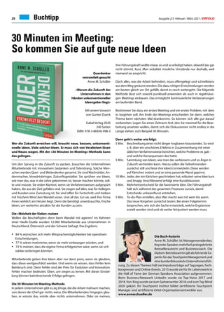 Ausgabe 2/3 Februar / März 2021 / ERFOLG
20
30 Minuten im Meeting:
So kommen Sie auf gute neue Ideen
Buchtipp
Wer die Zukunft erreichen will, braucht neue, bessere, unkonventi-
onelle Ideen. Viele solcher Ideen. Er muss sich von Veraltetem lösen
und Neues wagen. Mit der «30 Minuten im Meeting»-Methode kann
das gelingen.
Um den Sprung in die Zukunft zu packen, brauchen die Unternehmen
Mitarbeitende mit innovativen Gedanken und Tatendrang. Solche Men-
schen werden Quer- und Weiterdenker genannt. Sie sind Wachrüttler, An-
dersmacher, Vorwärtsbringer, Zukunftsgestalter. Sie sprühen vor Ideen,
wie man das, was in die Jahre gekommen ist, besser machen könnte, soll-
te und müsste. Sie reden Klartext, wenn sie Verfahrensweisen aufgespürt
haben, die aus der Zeit gefallen sind. Sie zeigen auf alles, was für Kollegen
und Kunden eine Zumutung ist. Sie sind offen für Fortschritt und treiben
mit frischem Wind den Wandel voran. Und all das tun sie, weil ihre Firma
ihnen wirklich am Herzen liegt. Denn die benötigt unverbrauchte, frische
Ideen, um weiterhin attraktiv für die Kunden zu sein.
Die «Weisheit der Vielen» nutzen
Wollen die Beschäftigten denn beim Wandel mit agieren? Im Rahmen
einer Haufe-Studie wurden 12.000 Mitarbeitende aus Unternehmen in
Deutschland, Österreich und der Schweiz befragt. Das Ergebnis:
•		84 % wünschen sich mehr Mitsprachemöglichkeiten bei operativen
	 Entscheidungen,
• 		77 % wären motivierter, wenn sie mehr einbezogen würden, und
• 		73 % meinen, dass die eigene Firma erfolgreicher wäre, wenn sie sich
	 stärker einbringen könnten.
Mitarbeitende geben ihre Ideen aber nur dann preis, wenn sie glauben,
dass diese wertgeschätzt werden. Und wenn sie wissen, dass Fehler kein
Beinbruch sind. Denn Fehler sind der Preis für Evolution und Innovation.
Fehler machen bedeutet: Üben, um siegen zu lernen. Mit dieser Einstel-
lung können bahnbrechende Erfolge gelingen.
Die 30 Minuten im Meeting-Methode
In jedem Unternehmen gibt es zig Dinge, die die Arbeit mühsam machen,
von denen der Chef gar nichts weiss. Die Mitarbeitenden hingegen glau-
ben, er wüsste das, würde aber nichts unternehmen. Oder sie meinen,
Die Buch-Autorin
Anne M. Schüller ist Managementdenker,
Keynote-Speaker,mehrfachpreisgekrönte
Bestsellerautorin und Businesscoach. Die
Diplom-BetriebswirtingiltalsführendeEx-
pertin für dasTouchpoint Management und
eine kundenfokussierte Unternehmensfüh-
rung. Zu diesen Themen hält sie Impulsvorträge auf Tagungen, Fach-
kongressen und Online-Events. 2015 wurde sie für ihr Lebenswerk in
die Hall of Fame der German Speakers Association aufgenommen.
Beim Business-Netzwerk Linkedin wurde sie Top-Voice 2017 und
2018. Von Xing wurde sie zum Spitzenwriter 2018 und zum Top Mind
2020 gekürt. Ihr Touchpoint Institut bildet zertifizierte Touchpoint
Manager und zertifizierte Orbit-Organisationsentwickler aus.
www.anneschueller.de
Querdenker
verzweifelt gesucht
Anne M. Schüller
«Warum die Zukunft der
Unternehmen in den
Händen unkonventioneller
Ideengeber liegt»
Mit einem Vorwort
von Gunter Dueck
Gabal Verlag 2020
240 Seiten
ISBN: 978-3-86936-998-3
ihre Führungskraft wollte etwas so und so erledigt haben, obwohl das gar
nicht stimmt. Kurz: Man erduldet missliche Umstände nur deshalb, weil
niemand sie anspricht.
Doch alles, was die Arbeit behindert, muss offengelegt und schnellstens
aus demWeg geräumt werden. Die dazu nötigen Entscheidungen werden
am besten gleich vor Ort gefällt, damit es rasch weitergeht. Die folgende
Methode lässt sich sowohl punktuell anwenden als auch in regelmässi-
gen Meetings einbauen. Das ermöglicht kontinuierliche Verbesserungen
am laufenden Band.
Bestimmen Sie dazu ein erstes Meeting und ein erstes Problem, mit dem
es losgehen soll. Am Ende des Meetings entscheiden Sie dann, welches
Thema beim nächsten Mal drankommt. So können sich alle gut darauf
vorbereiten. Legen Sie einen Zeitraum fest, den Sie maximal für die Bear-
beitung ansetzen wollen, damit sich die Diskussionen nicht endlos in die
Länge ziehen: zum Beispiel 30 Minuten.
Dann geht‘s weiter wie folgt:
5 Min.	 Beschreibung eines nicht länger tragbaren Istzustandes. So wird 	
	 z. B. über ein unschönes Erlebnis in Zusammenhang mit einer
	 üblichen Verfahrensweise berichtet, welche Probleme es gab - 	
	 und welche Konsequenzen das hatte.
5 Min.	 Sammlung von Ideen, wie man das verbessern und so Ärger in
	 Zukunft vermeiden kann. Hierzu sollen die Teilnehmenden
	 zunächst still und leise ihre Idee(n) entwickeln. Diese werden
	 auf Kärtchen notiert und an eine passende Wand gepinnt.
10 Min.	 Jeder, der ein Kärtchen geschrieben hat, erläutert seine Idee kurz
	 und knapp. Anschliessend erfolgt eine Kurzdiskussion.
5 Min.	 Mehrheitsentscheid für die favorisierte Idee. Die Führungskraft
	 hält sich während des gesamten Prozesses zurück, damit
	 Entscheide unbeeinflusst entstehen.
5 Min.	 To-do-Plan erstellen, also: Wer macht was mit wem bis wann.
	 Das neue Vorgehen zunächst testen. Bei einen Folgetermin
	 besprechen, wie sich die Sache entwickelt, welche Ergebnisse
	 erzielt worden sind und ob weiter feinjustiert werden muss.
 