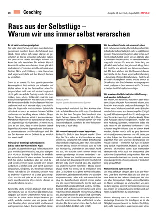 Ausgabe 6/8 Juni / Juli / August 2020 / ERFOLG28 Coaching
Es ist kein Beziehungsratgeber
Für viele ist ein Partner, mit dem man das Leben
gemeinsam meistern kann, der Schlüssel zum
Glück. Einige sehen sich sogar solange als ge-
scheitert an, bis sie jemanden gefunden haben,
mit dem sie ihr Leben verbringen können. Ich
kann das nicht verstehen. Ein anderer Mensch
kann nicht darüber entscheiden, ob wir glücklich
sind oder nicht.Trotzdem erhoffen sich viele vom
Partner Glück und Erfüllung – viele Menschen
sind sogar bereit dafür auf ihre Wunsch-Karriere
zu verzichten.
Dann ist es soweit: Du hast gerade jemanden
kennengelernt, bist verliebt und schwebst auf
Wolke sieben. Ist es der Partner fürs Leben? In
jungen Jahren stellt man sich so eine Frage noch
nicht, geht man auf die Dreissig zu oder ist schon
drüber, dann schon. Schliesslich möchte man
auch privat irgendwann mal sein Glück finden.
Mit der rosaroten Brille, die Du die erstenWochen
und manchmal auch Monate trägst, brauchst Du
über die Frage nicht nachzudenken. Sobald die
«ich denk nur noch an meinen Partner»-Gefühle
nachlassen und er Alltag wieder einkehrt, fängst
Du an, Deinen Partner wirklich kennenzulernen.
Manchmal entdecken wir dann Seiten an ihm, die
uns eigentlich gar nicht gefallen. Ich meine nicht,
dass es uns stört, dass er seine Sachen überall
liegen lässt. Ich meine Eigenschaften, die konträr
zu unseren Werten und Vorstellungen sind. Mit
der Zeit kommen wir ins Grübeln: Ist es wirklich
das, was ich will?
Hör auf, Dir die Dinge schönzureden:
Schau lieber der Wahrheit ins Auge
DasgehteinpaarWochengut,vielleichtauchein
paarMonate.DannweisstDuaber,dasseseigen-
tlich nicht das Richtige für Dich ist. In Wirklich-
keit wünschst Du Dir etwas anderes. Du schämst
Dich für solche Gedanken, aber sie sind da –
und werden immer klarer. Anstatt Dich diesen
Gedanken zu stellen und Dich damit auseinan-
derzusetzen, fängst Du an, die Dinge schönzu-
reden: «Ich habe so viel investiert, um sein Herz
zu erobern.» «Eigentlich ist ja alles ganz okay.»
«Das, was ich will, gibt es eh nicht. Und wenn
doch, dann bekomme ich es nicht.» «Besser so,
als wieder alleine zu sein.»
Kennst Du solche inneren Dialoge? Jetzt denkst
Du vielleicht, was so ein Artikel à la Beziehungs-
ratgeber auf einem Unternehmer-Portal zu su-
chen hat. Ich habe dieses Beispiel bewusst ge-
wählt, weil die meisten von uns genau solch
eine Situation schon einmal erlebt und bewusst
wahrgenommen haben. Ersetze das Wort «Bezie-
hung» einfach mal durch das Wort Karriere oder
Job - auf viele Menschen trifft es zu. Zum Beispiel
der Job, bei dem Du gutes Geld verdienst, aber
tief in Deinem Herzen bist Du unglücklich. Denn
eigentlich träumst Du schon seit Jahren von einer
Selbstständigkeit. Aber hey: In einer Festanstel-
lung ist es ja auch okay.
Wir rennen bewusst in unser Verderben
Findest Du Dich in dem Beispiel wieder? Dann
lügst Du Dich selbst an. Ich formuliere es etwas
anders: Du verarschst Dich selbst. Entschuldige
diese verbale Entgleisung, aber ist es nicht so?Wir
machen etwas, wovon wir wissen, dass es nicht
das Richtige ist, und reden es uns schön. Nicht
nur das, wir machen damit immer weiter und
rennen geradewegs in unser Verderben – vor-
sätzlich. Setzen wir das Gedankenspiel mit dem
Job einmal fort: Du arrangierst Dich innerlich mit
Deinem Job, wohl wissend, dass Du eigentlich
was anderes machen möchtest – Etwas, wovon
Du gar nicht mal weisst, ob es erfolgreich wird,
aber Du würdest es so gerne einmal versuchen.
Du heiratest, gründest eine Familie und baust Dir
ein gemeinsames Leben auf – mit einem Job, der
okay ist. Zwischendurch kommt immer wieder
mal die innere Stimme durch, die Dir sagt, dass
Du eigentlich unglücklich bist, weil Du nicht da-
bei bist, Dich selbst zu verwirklichen und Deine
Träume zu leben. Das geht eine gewisse Zeit lang
gut, bis irgendwann der grosse Knall kommt. Du
merkst, dass es so nicht mehr weitergehen kann,
denn Du wirst immer älter und findest es scha-
de, dass Du dieses eine Leben, das Du hast, mit
einem Job füllst, der Dich nicht erfüllt.
Raus aus der Selbstlüge –
Warum wir uns immer selbst verarschen
Wir bezahlen oftmals mit unserem Leben
Jetzt nehmen wir mal an, Du bist dann schon Mit-
te bis Ende fünfzig. Natürlich nicht zu spät Deinen
grossen Träumen nachzugehen, aber sicher auch
nicht einfach. Selbst wenn wir uns ständig alles
schönredenunddenSchrittzurSelbstverwirklich-
ung nicht machen: Du wirst ein Leben lang un-
glücklich sein. So hart das jetzt auch klingt, letzt-
lich hast Du eine Vielzahl von Jahren verschwen-
det. Mit dem falschen Job. Wohl wissend, dass es
der Falsche ist. Aus Angst vor einer Entscheidung
– der einzig richtigen Entscheidung – hast Du al-
les über Dich ergehen lassen, anstatt ehrlich zu
Dir selbst zu sein. Das Scheitern war vorprogram-
miert, und zwar in dem Moment, wo Du Dich ent-
schieden hast, Dich selbst anzulügen.
Wir ersetzen die Wahrheit durch Hoffnung –
und werden dafür bestraft
Wir wissen, was falsch ist, machen es aber trotz-
dem. So gut wie jeder Raucher wird wissen, dass
Rauchen krank macht und zum frühzeitigen Tod
führen kann. Tabakrauch enthält etwa 4.800 che-
mische Substanzen, von denen ungefähr 250 gif-
tig und 90 krebserregend sind. Es wird sogar auf
den Verpackungen durch abschreckende Bilder
und Aussagen darauf hingewiesen. Kaufen wir
eine Packung Zigaretten, werden wir jedes Mal
aufs Neue mit der Wahrheit konfrontiert – und
schauen weg. Wir wissen, dass wir davon krank
werden, denken «mich trifft es ganz bestimmt
nicht» und jammern, wenn es uns trifft. Jeder, der
an den Folgen des Rauchens erkrankt, müsste
eigentlich froh sein und bei der Diagnose vor
Freude weinen – immerhin hat man ein Leben
lang darauf hingearbeitet. Plakativ? Ja! Zynisch?
Definitiv. Ich möchte damit auch niemanden
verletzen oder mich auch nur ansatzweise über
solch eine Gegebenheit lustig machen. Aber wie
kann jemand schockiert und traurig sein, wenn
er an Lungenkrebs erkrankt, obwohl er ein Leben
lang geraucht hat?
Probleme sind zum lösen da
Das mag sehr hart klingen, aber es ist die Wahr-
heit. Und diese Wahrheit lässt sich auf viele an-
dere Bereiche des Lebens übertragen. Wir sind
uns über die negativen Folgen unseres Handelns
im Klaren, verdrängen sie und wundern uns, dass
es dann doch so kommt. Verhindern können wir
das, indem wir vorausschauend denken und auf-
hören Gegebenheiten zu beschönigen.
Meiner Meinung nach ist «Wissen» nicht der
eindeutige Parameter für Intelligenz, es ist die
Fähigkeit vorausschauend zu denken. Die Fähig-
keit, nicht nur zu sehen, was morgen sein könn-
Markus Czerner
Keynote Speaker, Bestsellerautor  Sportler
 