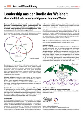 Ausgabe 6/8 Juni / Juli / August 2020 / ERFOLG42 Aus- und Weiterbildung
Diese herausfordernden Zeiten haben alle Bereiche unseres Lebens
erschüttert. Unternehmen sehen sich mit Einnahmeverlusten kon-
frontiert und müssen Mittel und Methoden finden, um ihre Existenz
zu sichern. Woher können sich Führungskräfte Erkenntnisse holen,
um die Weichen für die Zukunftssicherung zu stellen?
Unser Verständnis von Führung – «Führe aus der Quelle der inneren Weis-
heit» – kann durch dieses Diagramm dargestellt und erklärt werden:
Bewusstsein: Die wissenschaftliche Welt hat auch heute noch keine end-
gültigen Antworten darauf, was Bewusstsein ist und woher es stammt.
Ein Ansatz ist, dass das Universum vom Bewusstsein bewohnt ist. Quan-
tenphysiker haben herausgefunden, dass wir in einem Quantenfeld
leben, einem unendlichen Feld von Frequenzen und Energie. Da Energie
Information ist, leben wir in – und stammen aus – einem Feld unendlicher
Möglichkeiten oder Potentiale.
Intension (Absicht): Das lateinische Ursprungswort des Verbs «beabsich-
tigen» ist intendere, was soviel bedeutet wie «beabsichtigen, ausdehnen,
lenken», von «in Richtung» + tendere «strecken, neigen».
Aus dem Webster-Wörterbuch wird Intension auch definiert als «ein Kon-
zept, das als Produkt der Aufmerksamkeit betrachtet wird, die auf ein Ob-
jekt des Wissens gerichtet ist. »
Wohlbefinden: Laut Dr. Martin Seligman, University of Pennsylvenia,
ist Wohlbefinden ein Konstrukt, das fünf messbare Elemente (PERMA)
umfasst: Positive Emotionen (von denen Glück und Lebenszufriedenheit
alle Aspekte sind), Engagement, Beziehungen (Relationships), Sinn und
Zweck (Meaning and Purpose), Erfüllung (Accomplishment). Kein einzi-
ges Element definiert Wohlbefinden, aber jedes trägt dazu bei.
Schnittpunkte
A) Am Schnittpunkt Bewusstsein und Intension strecken wir unsere An-
tennen mit einem bewussten Gedanken in das Quantenfeld aus, um Infor-
mationen zu gewinnen, die durch unsere Wahrnehmung in verschiedenen
Formen, wie Worten, Bildern, Gefühlen oder Symbolen, für jede Lebens-
situation zu uns fliessen werden. Um eine Vision zu definieren, Produk-
te oder Dienstleistungen zu entwerfen, Inspiration zu gewinnen, um ein
Problem jeglicher Art zu lösen. Künstler aller Disziplinen, Wissenschaftler
und Innovatoren schöpfen aus dieser Quelle. Wir tun dies auch, wenn wir
eine Epiphanie erleben, wenn sich ein plötzlicher Einblick auftut oder
wenn wir uns in einem Zustand des Flusses befinden.
B)	Am Schnittpunkt von Bewusstsein und Wohlbefinden sind sich die
Führungspersönlichkeiten des allgemeinen Wohlbefindens in ihren Or-
ganisationen bewusst und achtsam. Sie entwerfen eine Infrastruktur,
Strategien und eine Struktur, die sicherstellen, dass die Mitarbeiteneden
bei bester Gesundheit ihre besten Leistungen erbringen können und
Sinn, Zweck und Leistung in dem, was sie tun, finden.
C)	An der Schnittstelle von Intension undWohlbefinden setzen Führungs-
kräfte das oben Gesagte um und sind Vorbilder für ihre Teams.
Höchstes Potenzial
Führung aus der Quelle liegt am Schnittpunkt dieser drei Elemente.
An dieser Schnittstelle kann das höchste Potenzial einer Führungsper-
sönlichkeit zum Ausdruck gebracht werden. Bei Athena wollen wir dazu
beitragen, andere zu befähigen, mit Weisheit und Wissen aus der Quel-
le zu handeln. (Wieder) wahre Werte wie Harmonie, Nachhaltigkeit und
Gerechtigkeit zu leben. Vorbilder und Einflusspersonen für ihre Teams zu
sein. Ziel ist es, künftigen Generationen ein Vermächtnis zu hinterlassen,
auf das sie stolz sind. Bereit, jeder und jedem die Möglichkeit zu geben,
ihr/sein eigenes volles Potenzial zum Ausdruck zu bringen, eine Vision zu
manifestieren und zu verwirklichen, die jeder bereit ist zu teilen.
Die Vision von AWI AG:
Jeder/jedem den Weg der Weisheit zu ermöglichen
Von Simone Junod, Gründerin  CEO von Athena Wisdom Institute AG
und Athena Center AG.
Leadership aus der Quelle der Weisheit
Oder die Rückkehr zu wahrhaftigen und humanen Werten
Athena Wisdom Institute AG
Albulastrasse 57 · 8048 Zurich · Telefon 079 330 19 08
wisdom@athenawisdominstitute.com · www.athenawisdominstitute.com
 