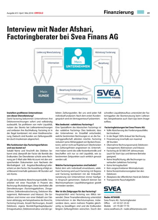 Ausgabe 4/5 / April / Mai 2018 / ERFOLG 41Finanzierung
Interview mit Nader Afshari,
Factoringberater bei Svea Finans AG
Inwiefern profitieren Unternehmen
von dieser Dienstleistung?
Dank Factoring bekommen Unternehmen ihre
Debitorenrechnungen sofort und vollständig
ausbezahlt. Sie profitieren von mehr Liquidität,
nutzen das Skonto bei Lieferantenrechnungen
und entlasten ihre Buchhaltung. Factoring ist in
der Regel kombiniert mit einer Kreditversiche-
rung. Dadurch sind Kunden vor Zahlungsausfäl-
len durch Insolvenzen abgesichert.
Wie funktioniert das Factoringverfahren
und was kostet es?
Sobald Name und Anschrift des Debitors be-
kannt sind, überprüft der Factor die Bonität des
Endkunden. Der Dienstleister schickt seine Rech-
nung per E-Mail oder Web-Account mit den ent-
sprechenden Dokumenten zum Nachweis der
Werthaltigkeit (z.B. Angebot/Bestellung/Liefer-
schein) an den Factor. Die Auszahlung erfolgt an-
schliessend innerhalb spätestens 48 Stunden auf
sein Konto.
Es gibt verschiedene Abrechnungsmodelle. Svea
arbeitet mit einer Pauschale in Prozent des
Rechnungs-Bruttobetrages. Diese beinhaltet alle
Dienstleistungen (Factoringgebühren, Zinsge-
bühren, Delkredereabsicherung, Debitoren Ma-
nagement, Mahnwesen und Inkasso). Die Ge-
bühren sind immer von einer Vielzahl von Fak-
toren abhängig, wie beispielsweise der Branche,
Factoring-Umsatz, Anzahl Rechnungen, Anzahl
Debitoren, eigene Bonität/Eigenkapitalquote/
Ertragssituation, Debitorenstruktur und den ge-
lebten Zahlungszielen. Bei uns wird jeder Fall
individuell analysiert. Nach dem ersten Kunden-
gespräch wird ein Vertragsentwurf präsentiert.
Was bedeutet «selektives Factoring»?
Eine Spezialform des klassischen Factorings ist
das «selektive Factoring» Dies bedeutet, dass
der Unternehmer im Einzelfall entscheidet,
welche bestimmten Rechnungen er an die Fac-
toringgesellschaft abtreten möchte. Factoring
reduziert seine Abhängigkeit von Banken/Inves-
toren, weil er nicht auf Kapital zum Überbrücken
von Zahlungsfristen angewiesen ist. Unterneh-
men haben somit die volle Kostenkontrolle und
beschaffen sich nur so viel Liquidität, wie zu
bestimmten Zeitpunkten auch wirklich genutzt
werden soll.
Welche Factoringvarianten sind beliebt?
Nebst dem sehr individuell einsetzbaren, selek-
tiven Factoring wird auch Factoring mit Regress
und Factoring kombiniert mit der Einkaufsfi-
nanzierung von Unternehmen immer häufiger
in Anspruch genommen. Dadurch können bei
Wachstumsphasen Liquiditätsengpässe gezielt
vermieden werden.
Wer ist die Zielgruppe für das Factoring?
Hauptsächlich wird Factoring von KMUs ver-
wendet. Diese Finanzdienstleistung unterstützt
Unternehmen in der Wachstumsphase, insbe-
sondere dann, wenn mehrere Projekte gleich-
zeitig zu bewältigen sind und die Endkunden
längere Zahlungsfristen wünschen. Durch den
schnellen Liquiditätszufluss unterstützt der Fac-
toringgeber die Skontonutzung beim Lieferan-
ten, beispielsweise auch Start-Ups beim Image-
aufbau.
Factoringleistungen bei Svea Finans AG:
•	 Volle Absicherung des Forderungsausfalles 	
	 bei Insolvenz
•	 In der Regel 100% Ankauf der Rechnung
•	 Finanzierung innerhalb von maximal
	 48 Stunden
•	 Übernahme Rechnungsversand, Debitoren-
	 management, Mahnwesen und Inkasso
•	 Factoring ab 50´000 CHF Jahresumsatz
	 (auch für Start-Ups und kleinere Betriebe
	geeignet)
•	 Keine Verpflichtung, alle Rechnungen zu
	 verkaufen (selektives Factoring)
•	 Keine Vertragslaufzeit
•	 Kein vorgeschriebener Minimalumsatz
•	 Keine Konzentrationsvorgaben bei den
	Debitoren
•	 Akzeptanz der öffentlichen Hand als Debitor
•	 Transparente Pauschalgebühr
Nader AFSHARI
Svea Finans AG · Factoringberater
Office	 +41 43 321 25 02
Mobile 	 +41 79 287 77 70
www.sveafinans.ch · nader.afshari@svea.com
 