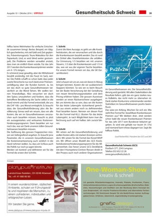 Ausgabe 10 / Oktober 2016 / ERFOLG 39Gesundheitsclub Schweiz
Anzeigen
One-Woman-Show
kreativ  schnell
graficdesign
Via Ronchetti 12.1 / 6512 Giubiasco / Phone 091 970 17 67 / Mobile 079 706 35 29
work@graficdesign.ch / www.graficdesign.ch
Ich gestalte Mitarbeitermagazine, Inserate, Plakate, Postkarten, Flyers,
Unternehmensbroschüren,Logos,Erscheinungsbilder,Briefschaften,Web-
sites, Hauszeitungen und Grafiken von der Beratung übers Konzept bis
zum Endprodukt. Ich mache Freelance-Einsätze und übernehme Ferien-
vertretungen. Mit femininem Gespür für die Bedürfnisse meiner Auftrag-
geber/innen. Erfahren, ideenreich, eigenständig  kostengünstig.
hilflos keine Mehrheiten für einfache Entschei-
de zusammen bringt. Bestes Beispiel, ein kläg-
lich gescheitertes, mit viel Geld und Zeit geplan-
tes, Präventionsgesetz. Teure Makulatur für den
Papierkorb. Und, es wird blind weiter gestram-
pelt, Die Probleme werden verwaltet anstatt,
dass man sie endlich lösen würde. Für das Jahr
2017 werden die Krankenkassenprämien wieder
um 4 – 5 % steigen.
Es schmerzt zwar gewaltig, aber der Mittelstand
bezahlt anständig, mit der Faust im Sack, wei-
ter. Die Politik schafft es schon bald, dass jeder
zweiteVersicherte nur noch dank einer Prämien-
verbilligung über die Runden kommt. Ja, bis
wir das doch so gute Gesundheitswesen tat-
sächlich an die Wand fahren. Wir wollen kei-
nen Finanzkollaps. Also versuchen wir doch
den Spiess umzudrehen und fordern, dass die
betroffene Bevölkerung die Sache selbst in die
Hand nimmt und die Formel entwickelt, die uns
die CHF 100.– pro Monat ermöglicht. Es braucht
dazu die Gesundheitsförderung plus die Be-
völkerung. Genau weil wir wissen, dass wir alle
Kosten, die wir im Gesundheitswesen verursa-
chen auch bezahlen müssen, braucht es jetzt
ein aussagestarkes und wirksames Kostenver-
hinderungsprogramm. Dann bezahlen wir nur
noch das, was wir Dank unserem tollen Gesund-
heitswesen bezahlen müssen.
Die Auflösung des grossen Fragezeichen müs-
sen wir tiefergreifend angehen. Es braucht jene
Parameter, die in unserem Gesundheitswesen
die Kostenverantwortung auch wirklich in die
Hand nehmen wollen. So, dass am Schluss auch
die Politik nur noch ja sagen könnte.
Werden wir konkret und definieren wir für die
Formel die ersten drei Schritte.
1. Schritt
Zuerst die klare Aussage, es geht um alle Krank-
heitskosten, die wir verursachen und die durch
die Krankenkassen bezahlt werden. Das ist rund
ein Drittel alles Krankheitskosten die anfallen.
Zur Erinnerung 1/3 bezahlen wir mit unseren
Steuern, 1/3 über die Krankenkassen und 1/3 ist
das, was wir aus der eigenen Tasche bezahlen.
Für unsere Formel nennen wir das, die GK (Ge-
samtkosten)
2. Schritt
Jetztschauenwirunsan,waswirdavoninAbzug
bringen könnten. Kosten die wir ausklammern
(kappen) könnten. So wie wir es beim Besuch
bei der Basler Versicherung bei der Gestaltung
von neuen Versicherungsprodukten und dem
Pricing erfahren haben. Die grossen Ausreisser
werden an einen Rückversicherer ausgelagert.
Bei uns könnte das so sein, dass wir die Kosten
für das letzte Lebensjahr rückwirkend gerech-
net aus einem andern noch zu definierenden
Pool bezahlen lassen. Nennen wir diesen Pool
für die Formel mal KLLJ. (Kosten für das letzte
Lebensjahr). Je nach Möglichkeit kann man die
Rechnung auch auf ein halbes Jahr zurück fah-
ren.
3. Schritt
Wir setzen auf die Gesundheitsförderung und
wollen Kosten aktiv mit starken Anreizen verhin-
dern. Wir setzen für die Formel das Kürzel KKVP
ein. Wir öffnen unser Modell des GCS Krank-
heitskostenverhinderungsprogramm für die All-
gemeinheit. Das heisst unsere GCS Denkfabrik
mit den 9 Kompetenz-Centren fliessen direkt in
den Prozess auch noch anderer Organisationen
im Gesundheitswesen ein. Die Gesundheitsför-
derung wird gestärkt. Mit allen Stakeholdern die
Resultate liefern, gibt das ein ganz starkes neu-
es Kollektiv, das nicht mehr zu übersehen ist.
Dank starker Konkurrenz untereinander werden
Statistiken im Gesundheitswesen positiv beein-
flusst.
Das wäre ein Anfang. Mischen Sie sich ein. Wie
sieht Ihre Formel für bezahlbare Krankenkassen
Prämien aus? Wir bleiben dran. Jetzt werden
schon bald die neuen Krankenkassen Prämien
für das Jahr 2017 vom Bundesrat bekannt ge-
geben. Es wird wie gehabt nur teurer (4 – 5 %)
und niemand kann etwas dagegen tun. Sagt die
hilflose Politik.
Josef Rothenfluh, Präsident des GCS und SKV
Gesundheitsclub Schweiz (GCS)
Postfach 377, 2543 Lengnau
Telefon 032 652 22 26
www.gesundheitsclub.ch
 