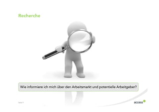 Recherche




  Wie informiere ich mich über den Arbeitsmarkt und potentielle Arbeitgeber?



Seite 9
 