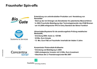 Fraunhofer Spin-offs Ultraschallprüfsysteme für die zerstörungsfreie Prüfung metallischer Werkstoffe,  Gründung 2000, heute ca. 120 MA 22 Mio. Euro Umsatz 13  Mio. Euro F&E an Fraunhofer innerhalb der letzten 5 Jahre Entwicklung von antimikrobiellen Produkten und  Herstellung von Nanosilber  Start-up der Uni Erlangen als Dienstleister für patentiertes Messverfahren In 2003 Fraunhofer-Beteiligung über Technologietransfer des IFAM Bremen am 4.4.2006 erfolgreicher IPO im Entry Standard der Börse Frankfurt Konzentrator Photovoltaik-Kraftwerke Gründung und Beteiligung in 2005 2006 strategischer Investor mit 3,5 Mio. Euro Investment Abschluss der 2. Finanzierungsrunde Mai 2007 