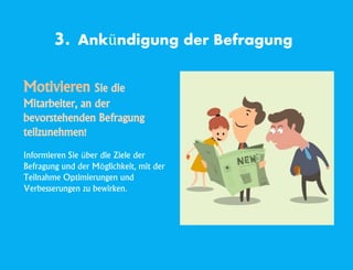 3. Ankündigung der Befragung
Motivieren Sie die
Mitarbeiter, an der
bevorstehenden Befragung
teilzunehmen!
Informieren Sie über die Ziele der
Befragung und der Möglichkeit, mit der
Teilnahme Optimierungen und
Verbesserungen zu bewirken.
 