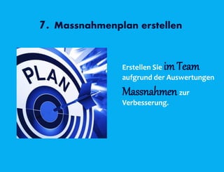 7. Massnahmenplan erstellen
Erstellen Sie im Team
aufgrund der Auswertungen
Massnahmen zur
Verbesserung.
 