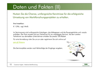 Customer Insights – Moderne Marktforschung12
Ihre Investition:
€ 1.296,- zzgl. MwSt.
Im Seminarpreis sind umfangreiche Unterlagen, das Mittagessen und die Pausengetränke und -snacks
enthalten. Der Preis versteht sich pro Teilnehmer für ein zweitägiges Seminar. Ab dem zweiten
Teilnehmer aus demselben Unternehmen erhalten Sie jeweils 10% Rabatt.
Für eine Anmeldung rufen Sie uns an oder registrieren Sie sich online auf
goo.gl/4Leqww
Die Seminarplätze werden nach Reihenfolge der Eingänge vergeben.
Daten und Fakten (II)
Nutzen Sie die Chance, umfangreiche Kenntnisse für die erfolgreiche
Umsetzung von Marktforschungsprojekten zu erhalten.
 