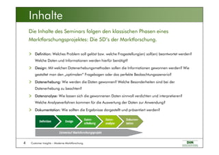 Customer Insights – Moderne Marktforschung4
Definition: Welches Problem soll gelöst bzw. welche Fragestellung(en) soll(en) beantwortet werden?
Welche Daten und Informationen werden hierfür benötigt?
Design: Mit welchen Datenerhebungsmethoden sollen die Informationen gewonnen werden? Wie
gestaltet man den „optimalen“ Fragebogen oder das perfekte Beobachtungsszenario?
Datenerhebung: Wie werden die Daten gewonnen? Welche Besonderheiten sind bei der
Datenerhebung zu beachten?
Datenanalyse: Wie lassen sich die gewonnenen Daten sinnvoll verdichten und interpretieren?
Welche Analyseverfahren kommen für die Auswertung der Daten zur Anwendung?
Dokumentation: Wie sollten die Ergebnisse dargestellt und präsentiert werden?
Die Inhalte des Seminars folgen den klassischen Phasen eines
Marktforschungsprojektes: Die 5D‘s der Marktforschung.
Inhalte
 