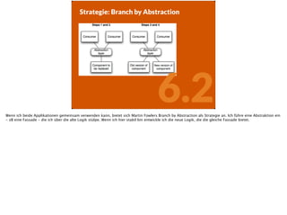 Strategie: Branch by Abstraction
6.2Wenn ich beide Applikationen gemeinsam verwenden kann, bietet sich Martin Fowlers Branch by Abstraction als Strategie an. Ich führe eine Abstraktion ein
- zB eine Fassade - die ich über die alte Logik stülpe. Wenn ich hier stabil bin entwickle ich die neue Logik, die die gleiche Fassade bietet.
 