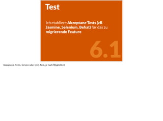 6.1
Test
Ich etabliere Akzeptanz-Tests (zB
Jasmine, Selenium, Behat) für das zu
migrierende Feature
Akzeptanz-Tests, Servi...