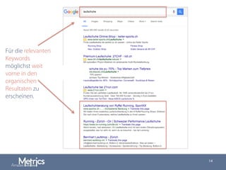14
Für die relevanten
Keywords
möglichst weit
vorne in den
organischen
Resultaten zu
erscheinen.
 