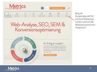 30
Blog als
Ausgangspunkt für
Content-Marketing
nutzen und auf der
Webseite prominent
integrieren.
 