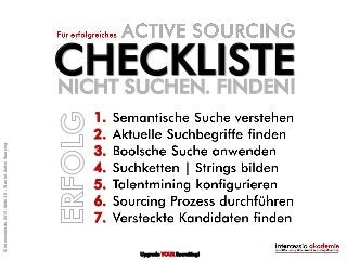 Upgrade YOUR Recruiting!
CHECKLISTE
1.
2.
3.
4.
5.
6.
7.
NICHT SUCHEN. FINDEN!
©intercessio.de2015-Seite30-WasistActiveSourcing
 