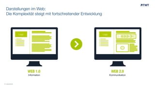 Darstellungen im Web:
Die Komplexität steigt mit fortschreitender Entwicklung

# 	
   # 	
  
Logo

Logo

%	
  

WEB 1.0
Information

© www.twt.de

WEB 2.0

Kommunikation

 