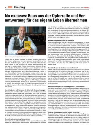 Ausgabe 9/10 September / Oktober 2020 / ERFOLG26 Coaching
Endlich hast du deinen Traumjob vor Augen. Jahrelang hast du dir
den Hintern aufgerissen, um den nächsten Karriereschritt zu ma-
chen. Ein Vorstandsmitglied geht in den Ruhestand und du bist der
heisse Favorit auf die Nachfolge. Du bringst alle Kompetenzen mit
und hast es verdient, diese Position einzunehmen. Mehr als alle an-
deren. Du bist der logische Nachfolger. Aus den Gesprächen mit den
Vorstandsmitgliedern kannst du zwischen den Zeilen lesen, dass du
das neue Vorstandsmitglied wirst, daran besteht keinerlei Zweifel. Es
wird deine Kollegin. Halb so viel Erfahrung wie du, erst ein paar Jah-
re im Unternehmen aktiv und eigentlich keine ernst zu nehmende Mit-
bewerberin.DubistamBodenzerstört.«DaskannnichtmitrechtenDingen
zugegangen sein, da ist bestimmt Vitamin B im Spiel!» Deine Gedanken
kreisen immer mehr in diese Richtung. Du siehst dich als Opfer, und leidest
schon seit einigen Monaten.Würdest du mit jemandem tauschen können,
du würdest dein Leid lieber heute als morgen weitergeben. Aber das ist
unmöglich, angesichts dieses Rückschlags, den du unlängst hast hinneh-
men müssen.
Wer nichts ändern will, für den ist die Opfer-Rolle die beste Strategie
Wir leiden, weil wir leiden wollen. Schmerz ist unvermeidlich, aber Leid ist
freiwillig. Wir denken, andere oder das Schicksal sind schuld an unseren
Problemen und unserem Leid, nur deswegen leiden wir. Natürlich ist es
schade, dass wir etwas nicht erreichen, obwohl wir es verdienen. Es tut
mit Sicherheit auch weh. Aber wer sagt, dass wir uns wochen- oder gar
monatelang ärgern müssen, nur weil es sich nicht in die Richtung entwi-
ckelt hat, die wir gerne hätten? Wer sagt, dass wir uns tagelang verletzt
fühlen müssen, wenn wir verbal angegriffen werden? Wieso müssen wir
verzweifelt durchs Leben rennen, wenn wir einen Job nicht bekommen
oder gekündigt werden? Wieso muss unser Tag morgens schon gelaufen
sein, nur weil wir eine ärgerliche E-Mail von einem Geschäftspartner be-
kommen haben? Müssen tun wir nichts von dem.Wir müssen es nur, wenn
wir es wollen. Denn dann nehmen wir die Opferrolle ein und geben ande-
ren Menschen und dem Schicksal Macht über uns. Dabei hat jeder von uns
die Macht, über sein Leben und seine Gefühle selbst zu bestimmen.
ÜbernehmeVerantwortung für dein Leben
Niemand kann uns schlechte Gefühle machen – ausser, wir lassen es zu. Wir
erteilen die Erlaubnis dazu, niemand sonst. Niemand kann uns verletzen
oder demütigen, es sei denn wir erlauben es. Niemand kann uns traurig
machen, es sei denn wir erlauben es. Niemand kann uns das Gefühl ge-
ben, minderwertig zu sein, es sei denn wir erlauben es. Wir müssen auf-
hören, uns ständig als Opfer zu sehen und anfangen, Verantwortung für
uns und unsere Gefühle und unser Leben zu übernehmen. Nur so sind wir
in der Lage, schlechte Gefühle zu verhindern und die Zeitfenster solcher
Gefühle so kurz wie möglich zu halten.
Wir sehen uns gerne als Opfer der Umstände
Vielleicht denkst du jetzt «der hat ja gut reden», aber glaube mir, ich weiss,
wie es in der Opferrolle ist und was sie mit einem macht. Mit 6 Jahren hatte
ich schon den grossen Traum Tennisprofi zu werden. Leider konnte ich den
Traum aufgrund einer Verletzung mit 19 Jahren nicht leben. Auch meine
Einstellung hätte mir fast einen Strich durch die Rechnung gemacht. Mit 13
Jahren hatte ich für jede Niederlage auf dem Tennisplatz eine Ausrede. Ich
habe mir teilweise vor dem Match schon Gedanken darüber gemacht, wer
oder was alles daran schuld sein könnte, sollte ich verlieren. Die äusseren
Umstände, das Wetter, die Bälle, der Schläger, der Platz, aber auch der
Gegner, der so schlecht spielt, dass es eigentlich unter meinem Niveau ist
gegen ihn zu spielen. An meinem Scheitern waren immer andere Schuld.
Das war nicht nur auf dem Tennisplatz so, sondern auch in der Schule. Eine
Fünf in Mathe – der Lehrer mag mich nicht! Es lag nicht an mir, sondern an
meinem Lehrer.
Wer willst du sein: Ein Gewinner oder einVerlierer?
IndieserZeitkammeindamaligerTennistrainerzumirundhatmichgefragt:
«Markus, wer willst Du in Deinem Leben sein, ein Gewinner oder ein Ver-
lierer?» Was für eine bescheuerte Frage. Ein Gewinner, wer denn sonst!
Dassagteichihmauchso.Daraufhinschauteermichanundsagte:«Duhast
die Einstellung einesVerlierers, also wirst Du auch immer einVerlierer sein.
Egal, ob auf dem Tennisplatz oder in anderen Bereichen Deines Lebens.
Verlierer ist Verlierer.» Ich fragte ihn, wie er das meinen würde, und er sag-
te, dass Gewinner ihre Niederlagen nutzen, um besser zu werden.Verlierer
suchen Ausreden.
Wir sind verantwortlich für unsere Ergebnisse – niemand sonst
Viele Menschen scheitern in und mit einem Vorhaben, weil sie nicht ihr
Bestes geben. Es ist einfach so, dass wir oftmals unter unseren Möglichkei-
ten bleiben. Wir fangen etwas an, und versuchen halbherzig unsere Ziele
zu erreichen. Wir fokussieren uns darauf, Ergebnisse herbeizuführen, aber
fokussieren uns nicht darauf, auf dem Weg dorthin unser Bestes zu geben.
Ich habe manchmal das Gefühl, dass der Grundsatz «mit minimalem Auf-
wand Maximales erreichen» immer mehr Zuspruch erhält. Auch habe ich
den Eindruck, dass wir faul geworden sind. Wir wollen alles haben, aber
nichts dafür tun.Wirklich was erreichen können wir mit solch einer Einstel-
lung nicht. Harte Arbeit ist Grundvoraussetzung für Erfolg. Viele wollen
Aussergewöhnliches erreichen, sind aber nur bereit Durchschnittliches zu
leisten. Das funktioniert nicht. Wer Durchschnittliches leistet, wird immer
auch nur Durchschnittliches erreichen.
Opfer der Umstände sind oftmals schlecht vorbereitet
Ganz oft scheitern wir, weil wir schlecht vorbereitet sind. Uns fliegt eine
Kundenpräsentation komplett um die Ohren und wir beschweren uns,
wie ungerecht doch alles ist und wie viel Pech wir doch haben. InWirklich-
keit waren wir einfach nur faul und schlecht vorbereitet. Auf dem Weg zu
unseren Zielen dürfen wir das Training nicht vergessen. Man kann sich auf
so viele Situationen und Herausforderungen vorbereiten, und zwar so gut,
No excuses: Raus aus der Opferrolle und Ver-
antwortung für das eigene Leben übernehmen
Markus Czerner, Keynote Speaker, Bestsellerautor  Sportler
 