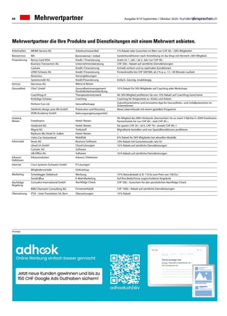 44 Ausgabe 9/10 September / Oktober 2020 /
Mehrwertpartner die Ihre Produkte und Dienstleitungen mit einem Mehrwert anbieten.
Arbeitsplatz MEWA Service AG Arbeitsschutzartikel 5 % Rabatt oder Gutschein im Wert von CHF 60.– (SKV Mitglieder)
Büroservice IBA Büromaterial / -möbel Sonderkonditionen nach Anmeldung im iba Shop mit Vermerk «SKV Mitglied»
Finanzierung Bonus Card VISA Kredit / Finanzierung Gratis im 1. Jahr / ab 2. Jahr nur CHF 48.–
Business Transaction AG Unternehmensberatung CHF 500.– Rabatt auf sämtliche Dienstleistungen
Cashare Kredit / Finanzierung Schnell, einfach und zu optimalen Konditionen
LEND Schweiz AG Kredit / Finanzierung Firmenkredite bis CHF 500'000, ab 2 % p. a., 12 – 60 Monate Laufzeit
Noventus Vorsorgelösungen –
Systemcredit AG Kredit/Finanzierung Einfach. Günstig. Unabhängig
Genuss ibervinos AG Weine  Reisen
Gesundheit CforC GmbH Gesundheitsmanagement
Persönlichkeitsentwicklung
10 % Rabatt für SKV Mitglieder auf Coaching oder Workshops
Coachfrog.ch Therapeutennetzwerk Als SKV-Mitglied profitieren Sie von 10% Rabatt auf Coachfrog-Gutscheine
Krebsliga Schweiz Coaching Coaching für Vorgesetzte zu «Krebs und Arbeit»
Perform Fun Ltd Gesundheitsapp Zukunftsorientierte und innovative App für Gesundheits- und Unfallprävention im
Unternehmen
Stedtnitz design your life GmbH Prävenzion und Recovery Neue Lebensfreude mit einem gezielten Programm
VDM-Academy GmbH Nahrungsergänzungsmittel
Hotels  
Reisen Freedreams Hotel / Reisen
Als Mitglied des KMU-Verbands übernachten Sie zu zweit 3 Nächte in 2000 freedreams
Partnerhotels für nur CHF 60.– statt CHF 85.–. 
Hotelcard AG Hotel / Reisen Sie sparen CHF 20.– (d. h. CHF 79.– anstatt CHF 99.–)
Migrol AG Treibstoff Migrolkarte bestellen und von Spezialkonditionen profitieren
Radisson Blu Hotel St. Gallen Hotel / Reisen –
Volvo Car Switzerland Mobilität 8 % Rabatt für SKV Mitglieder bei aktuellen Modelle
Informatik bexio AG Business Software 10% Rabatt mit Gutscheincode «skv10»    
cloud-ch GmbH Cloud-Lösungen 10 % Rabatt auf sämtliche Dienstleistungen   
Comatic AG Software –
UB-Office AG Software 10 % Rabatt auf sämtliche Dienstleistungen   
Inkasso/
Debitoren
Inkassosolution Inkasso / Debitoren
Internet Cisco Systems (Schweiz) GmbH IT-Lösungen
Mitgliedervorteile Onlineshop
Marketing Scheidegger Siebdruck Werbung 10 % Naturalrabatt (z. B. 110 Ex zum Preis von 100 Ex.)
SendinBlue E-Mail-Marketing Auf Ihre Bedürfnisse zugeschnittene Angebote
Nachfolge
Regelung
Consultra International GmbH Nachfolge-Check CHF 500.– Gutschein für den persönlichen Nachfolge-Check
KMU Diamant Consulting AG Firmenverkäufe CHF 1000.– Rabatt auf sämtliche Dienstleistungen
Übersetzung ITSA – Inter-Translation SA, Bern Übersetzungen 10 % Rabatt
Mehrwertpartner
Anzeige
 