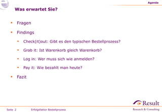 Was erwartet Sie? Fragen Findings Check(it)out: Gibt es den typischen Bestellprozess? Grab it: Ist Warenkorb gleich Warenkorb? Log in: Wer muss sich wie anmelden? Pay it: Wie bezahlt man heute?   Fazit  Agenda Erfolgsfaktor Bestellprozess 