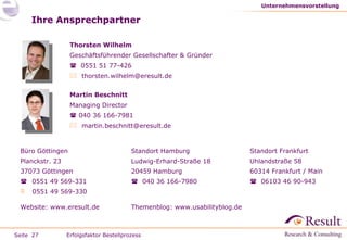 Ihre Ansprechpartner Thorsten Wilhelm Geschäftsführender Gesellschafter & Gründer    0551 51 77-426 thorsten.wilhelm@eresult.de  Martin Beschnitt Managing Director    040 36 166-7981  [email_address] Unternehmensvorstellung Standort Hamburg Ludwig-Erhard-Straße 18 20459 Hamburg    040 36 166-7980 Themenblog: www.usabilityblog.de  Büro Göttingen Planckstr. 23 37073 Göttingen    0551 49 569-331 0551 49 569-330 Website: www.eresult.de Standort Frankfurt Uhlandstraße 58 60314 Frankfurt / Main    06103 46 90-943 Erfolgsfaktor Bestellprozess 
