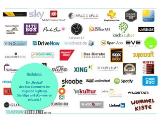 Doch dann:
!
Ein„Revival“
des Abo-Commerce im
Zuge von digitalen
StartUps und eCommerce
seit 2012 !
 