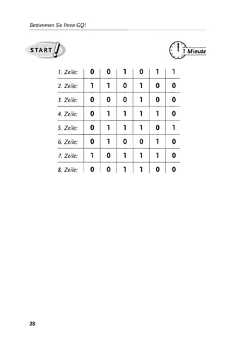 Bestimmen Sie Ihren GQ!




S~AR-r.~                                      c::JMinute


           1. Zeile:      0   0   1   0   1   1
           2. Zeile:      1   1   0   1   0   0
           3. Zeile:      0   0   0   1   0   0
           4. Zeile:      0   1   1   1   1   0
           5. Zeile:      0   1   1   1   0   1
           6. Zeile:      0   1   0   0   1   0
           7. Zeile:      1   0   1   1   1   0
           8. Zeile:      0   0   1   1   0   0




28
 