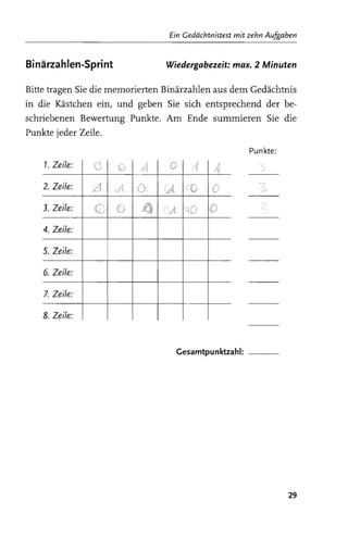 Ein Gedächtnistest mit zehn Aufgaben


Binärzahlen-Sprint              Wiedergabezeit: max. 2 Minuten

Bitte tragen Sie die memorierten Binärzahlen aus dem Gedächtnis
in die Kästchen ein, und geben Sie sich entsprechend der be­
schriebenen Bewertung Punkte. Am Ende summieren Sie die
Punkte jeder Zeile.
                                                       Punkte:
    7. Zeile:   ß    (;     (    0        i     A
    2. Zeile:   /(   A    o.    -Q{     't     (

    3. Zeile:
   ---­
                C 0        t)           l(1   Il '
   4. Zeile:

   5. Zeile:

    6. Zeile:

    7. Zeile:

    8. Zeile:


                                      Gesamtpunktzahl: _ __




                                                                  29
 